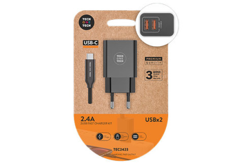 CARGADOR DOBLE NEGRO TECH ONE TECH CABLE USB-C 2.4A