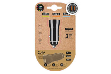 CARGADOR DOBLE MECHERO COCHE NEGRO 2.4A TECH ONE TECH