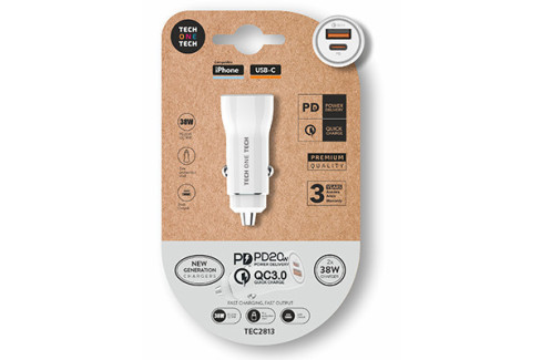 CARGADOR MECHERO DOBLE TEC2813-BL 38W SALIDA USB-C USB-A
