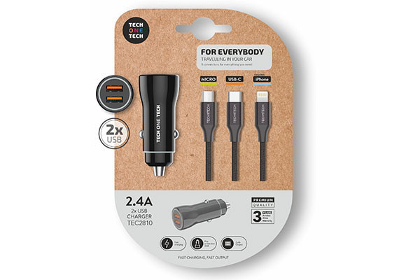 CARGADOR MECHERO DOBLE NEGRO CABLE TRIPLE NYLON TEC2810