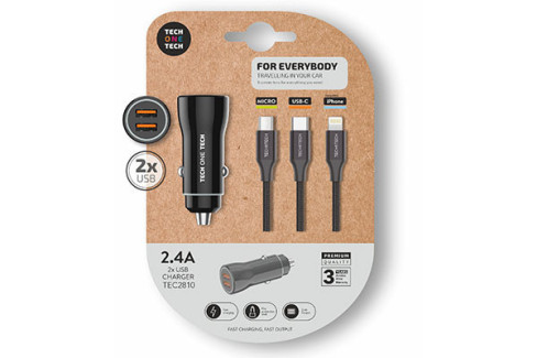 CARGADOR MECHERO DOBLE NEGRO CABLE TRIPLE NYLON TEC2810