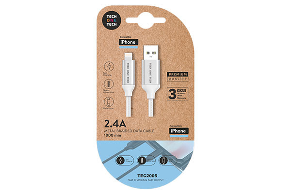 CABLE BRAIDED NYLON 1M 2.4A TECH ONE TECH BLANCO  USB-A a LIGHTNING/APPLE