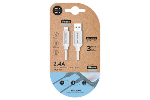 CABLE BRAIDED NYLON 1M 2.4A TECH ONE TECH BLANCO  USB-A a LIGHTNING/APPLE