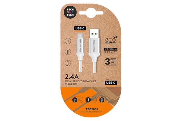 CABLE BRAIDED NYLON 1M 2.4A TECH ONE TECH BLANCO  USB-A a USB-C