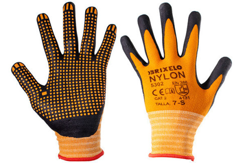 GUANTE NYLON DOTS NITRILO EN PALMA NARANJA/NEGRO T- 9 L  801254